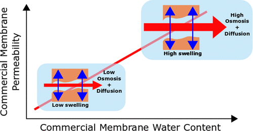 Graphical abstract for Influence of Water Uptake, Charge, Manning Parameter and Contact Angle on Water and Salt Transport in Commercial Ion Exchange Membranes